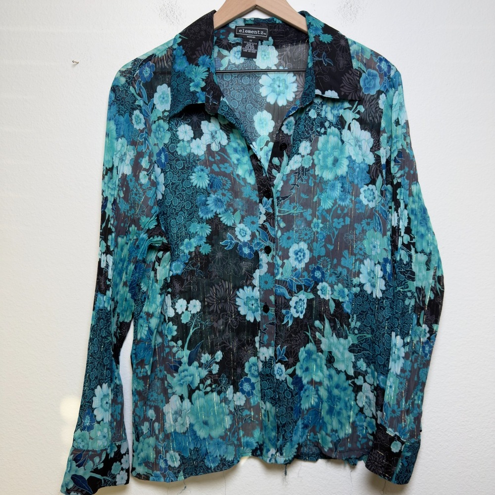 VTG 90s Elementz‎ Women Fairy Top 1X Blue Floral Patchwork Button Front Sheer